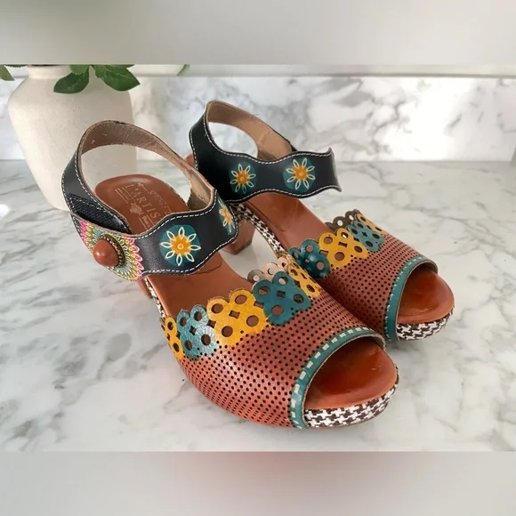 L’Artiste Spring Boho Step Leather Floral Heeled Sandals Artsy Jive Hippie 39 - Picture 2 of 9